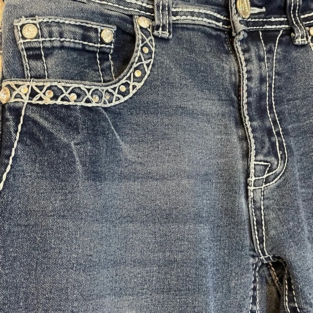 Angel Y2K Boho Chic Retro Flare Rhinestone Sequin Embellished Jeans, Sz 5 (2/4) - Picture 4 of 12
